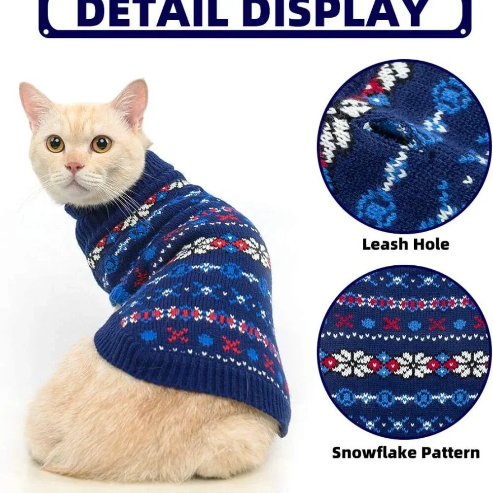 New! Medium Blue Cat Winter Sweater with Snowflake - Soft Turtleneck Knitted